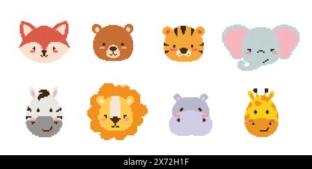 Pixelkunstset Savanna Animals. Safari Wildlife-Sammlung. 8 Bit. Spieleentwicklung, mobile App. Isolierte Vektordarstellung. Stock Vektor