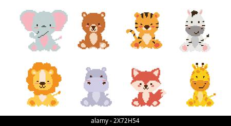 Pixelkunstset Savanna Animals. Safari Wildlife-Sammlung. 8 Bit. Spieleentwicklung, mobile App. Isolierte Vektordarstellung. Stock Vektor