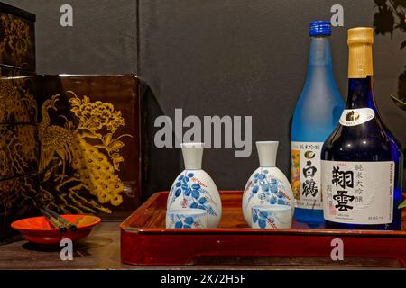 LYON, FRANKREICH, 15. Mai 2024 : traditionelle Gerichte und Sake-Flaschen werden in der Ausstellung Japan Passion im Museum La Sucriere gezeigt. Stockfoto