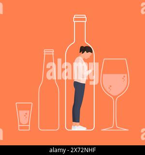 Verzweifelte depressive Frau in einer Flasche gefangen: Alkoholsucht-Konzept Stock Vektor