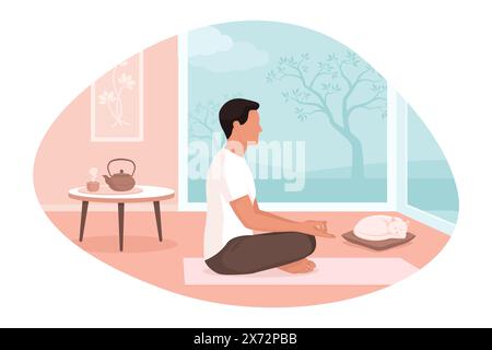 Mann sitzt auf dem Boden und meditiert zu Hause, Achtsamkeit und Entspannungskonzept Stock Vektor
