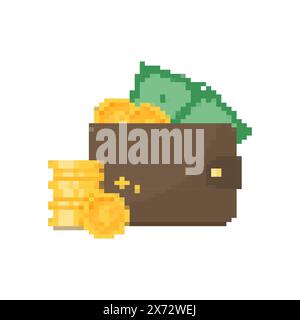 8-Bit Pixel Art Cash Money Symbole Set. Pixel-Geldbörse mit Banknoten und goldener Kreditkarte. Pixel Piggy Bank. Zahlungssymbole im Retro-Videospiel-Stil Stock Vektor