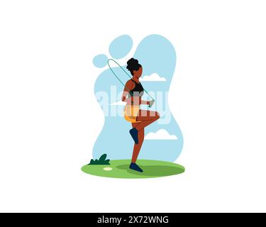 Eine junge Frau, die morgens im Park ein Springseil trainiert. Illustration Sport und Freizeit. Gesundes Leben im flachen Design. Stock Vektor