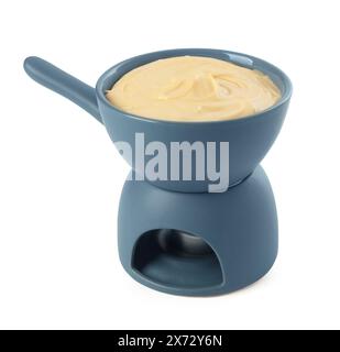 Fondue mit leckerem geschmolzenem Käse, isoliert auf weiß Stockfoto