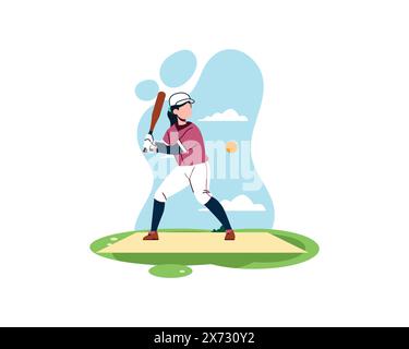 Die Baseballspielerin trifft den Ball. Sport- und Erholungskonzept. Gesunde Lebensstil-Illustration in flachem Design Stock Vektor