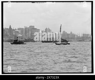 New York City und Brooklyn Bridge von Governor's Island aus, Videobilder nicht sequenziell; die tatsächliche Reihenfolge von links nach rechts ist 1A-06550 oder 06549, 06548., ursprünglich Teil eines fünfteiligen Panoramas; linke, linke und rechte Mitte sind nicht in der Sammlung enthalten; negativ D4-10732 C A ist eine enge Variante des Mittelteils, „G 1032“ und „G 1035“ auf negative, Detroit Publishing Co.-Nr. 010732., Geschenk; State Historical Society of Colorado; 1949, Bridges. , Usa, New York (Bundesstaat), New York. Stockfoto