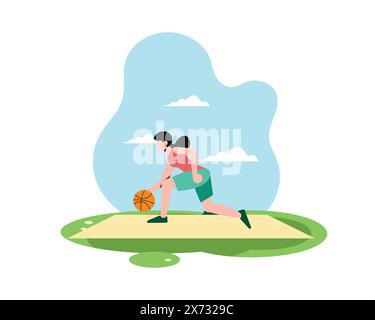 Eine Basketballspielerin hockt beim Dribbeln des Balls in die Hocke. Sport- und Erholungskonzept. Gesunde Lebensstil-Illustration in flachem Design Stock Vektor