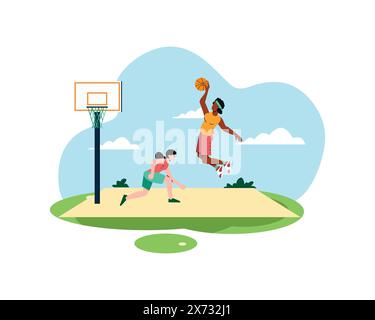 Zwei Frauen, die Basketball spielen, üben und eine wird einen Slam Dunk machen. Sport- und Erholungskonzept. Gesunde Lebensweise Illustration in der Wohnung Stock Vektor