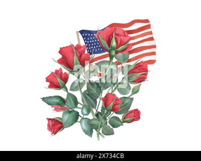 Gedenkstrauß aus Rosen mit US-Flagge. Amerikanischer Nationalfeiertag. Rote Blumen im Garten. Gedenktag, Unabhängigkeitstag. Stockfoto