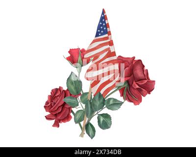 Dunkelrote Rosen mit US-Flagge. Rote Blumen im Garten. Erinnerungskomposition. Amerikanischer Nationalfeiertag. Gedenktag, Unabhängigkeitstag. Stockfoto