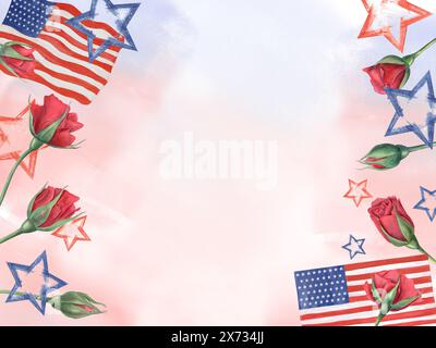 Rote Rosen, amerikanische Fahnen, Sterne auf blaurotem abstraktem Grunge-Fleck. Horizontaler Rahmen, nationale Farben. Designkarte zum United State Memorial Day Stockfoto