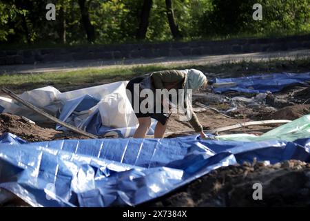 Nicht exklusiv: KIEW, UKRAINE - 17. MAI 2024 - der Ort, an dem sich die SAF-Kirche (provisorisches Gebäude) befand, die illegal von den religiösen Kommunisten errichtet wurde Stockfoto