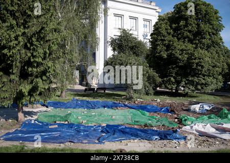 Nicht exklusiv: KIEW, UKRAINE - 17. MAI 2024 - der Ort, an dem sich die SAF-Kirche (provisorisches Gebäude) befand, die illegal von den religiösen Kommunisten errichtet wurde Stockfoto