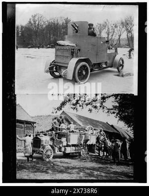 Gepanzertes Auto; Soldaten entladen Ausrüstung von LKW, Titel vom Kataloger., Foto von zwei Fotoabzügen; wahrscheinlich Weltkrieg I., '56644' auf oberem Fotodruck., No. Detroit Publishing Co. No., Geschenk; State Historical Society of Colorado; 1949, gepanzerte Fahrzeuge. , Lkw. , Soldaten. , Weltkrieg, 1914-1918. Stockfoto