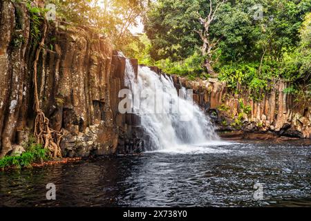 Rochester fällt auf die Insel Mauritius. Wasserfall im Dschungel der tropischen Insel Mauritius. Versteckter Schatz Rochester fällt auf Mauritius Stockfoto