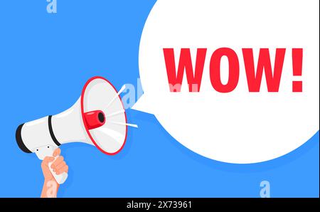Wow. Halten Sie den Megaphonlautsprecher für die Ankündigung mit der Hand. Achtung, bitte. Schreiende Leute, Werbesprache Symbol Stock Vektor