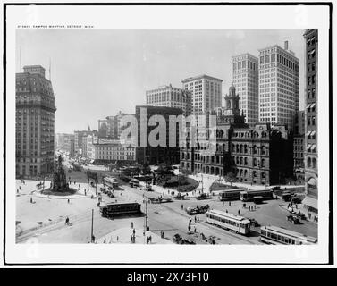 Campus Martius, Detroit, mir. Rathaus in der Mitte rechts. Detroit Publishing Co.-Nr. 073420., Geschenk; State Historical Society of Colorado; 1949, Plazas. , Straßenbahnen. , Stadthalle und Rathäuser. , Usa, Michigan, Detroit. Stockfoto