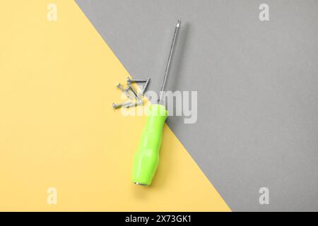 Schraubendreher mit grünem Griff und Schrauben auf farbigem Hintergrund, flach gelegt Stockfoto