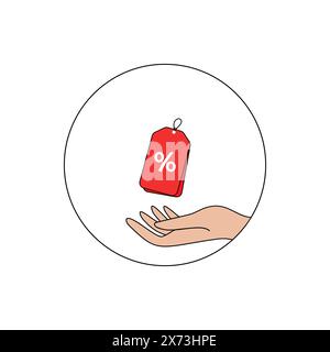 Hand hält ein rotes Rabattschild mit Prozentsymbol in einem Kreis Stock Vektor