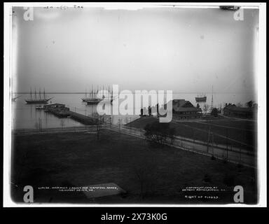 Hampton Roads from the Warwick Hotel, Newport News, Virginia, Titel von links negativ; rechts negativ mit dem Titel "Warwick Casino and Hampton Roads". ', enthält Christopher Newport Park., 'WHJ 177-02' auf rechtem negativ und Transparenz., rechtes negativ LC-D4-10629 R gebrochen, oben links. Detroit Publishing Co. Nrn. 010629, 014193, 014152., Gift; State Historical Society of Colorado; 1949, Casinos. , Kanäle. , Parks. , Usa, Virginia, Newport News. , Usa, Virginia, Hampton Roads. Stockfoto