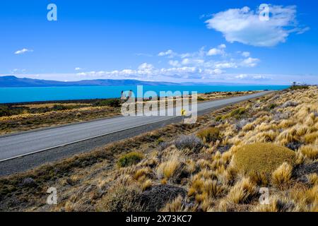 El Calafate, Patagonien, Argentinien - Straße R11 mit wenig Verkehr zwischen dem Perito Moreno Gletscher und El Calafate entlang des Lago Argentino, dem größten l Stockfoto