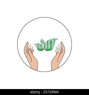 Hände, die grüne Blätter halten, symbolisieren Umweltschutz im Kreis Stock Vektor