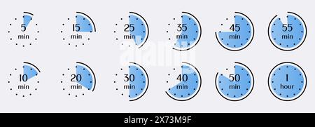 Visuelle Darstellung von Zeitintervallen von 5 Minuten bis 1 Stunde. Timer, Uhr, Stoppuhr, isolierte SET-Symbole Stock Vektor
