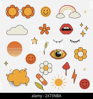 Grooviges Hippie-Set aus den 70er Jahren. Lustige Zeichentrickblume, Regenbogen, Liebe, Herz, Gänseblümchen, Pilze usw. Stickerpack im trendigen Retro-Psychedelic-Cartoon-Stil. Vektor Stock Vektor