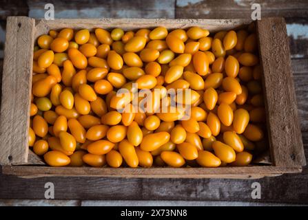 Frische gelbe Kirschtomaten in der Holzkiste. Stockfoto