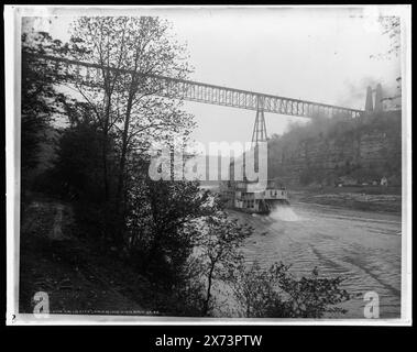 Str. Fälle City vorbei an der High Bridge, Ky., Detroit Publishing Co. No. 019979., Geschenk; State Historical Society of Colorado; 1949, Falls City (Stern Wheeler), Stern Wheelers. , Eisenbahnbrücken. , Flüsse. , Usa, Kentucky, High Bridge. , Usa, Kentucky, Kentucky River. Stockfoto