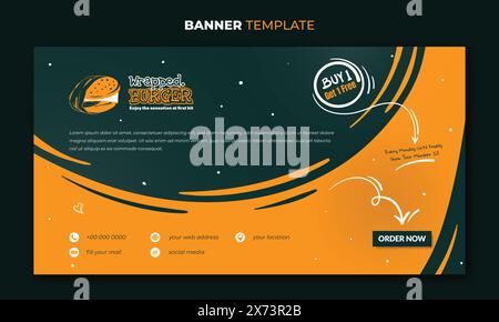 Bannerschablone auf orangegrünem Hintergrund mit schwebendem abstraktem Design. Gute Vorlage für Burger-Food-Werbung oder Fast-Food-Design Stock Vektor