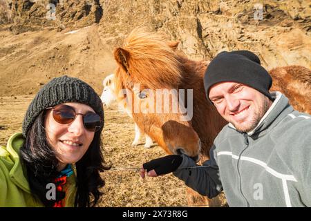 Glückliches Paar, das Selfie mit Pferd in der isländischen Landschaft macht - Touristen, die Spaß mit Tieren haben - Mensch-Tier-Beziehung-Lifestyle-Konzept Stockfoto