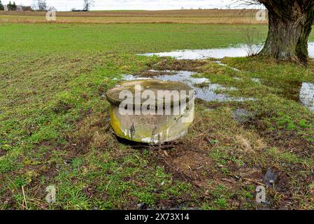 Ein Sumpf auf einem Feld in einem Dorf mit Bäumen, die in der Nähe wachsen und gut sichtbar sind. Stockfoto