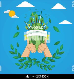 Glücklicher Tag der Erde mit menschlichen Händen halten Erdkugel, retten Sie den Planeten und die Welt, ökologisches Konzept Cartoon Vektor Illustration. Poster zum Tag der Erde Stock Vektor