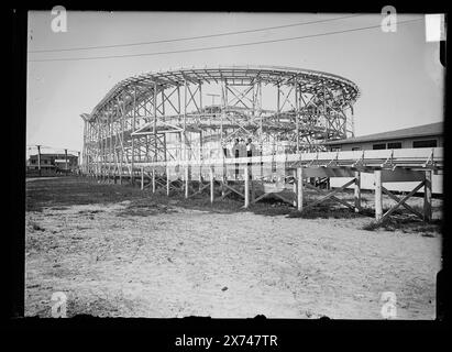 Achterbahn, Paragon Park, Nantasket Beach, Mass., Titel entwickelt, basierend auf der Ähnlichkeit mit LC-D4-18802., zuvor beschriftet mit: Achterbahn, möglicherweise Coney Island, N.Y., oder Atlantic City, N.J. '2886' auf negativ. Detroit Publishing Co.-Nr. 030923., Geschenk; State Historical Society of Colorado; 1949, Roller Achterbahnen. , Vergnügungsparks. , Usa, Massachusetts, Nantasket Beach. Stockfoto