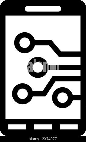 Schwarz-weiß-Symbol eines Smartphones mit einem stilisierten Leiterplattenmuster auf dem Bildschirm. Stock Vektor