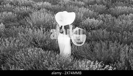 Teenager mit Korb, die im Lavendelpark spazieren geht. Teenager mit Lavendel im Feld. Teenager-Mädchen mit Lavendelblume, die auf dem Feld steht. Mit Teenager-Mädchen Stockfoto