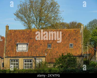 Ein altes Haus mit einem roten Ziegeldach und mehreren Fenstern, umgeben von hohen Bäumen im Frühjahr, historische Häuser in einer kleinen Straße mit grünen Bäumen Stockfoto