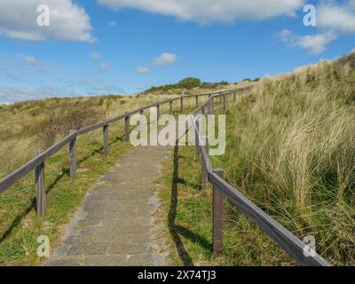 Gepflasterter Weg mit Geländer führt durch eine grasbewachsene Dünenlandschaft unter blauem Himmel, Dünen und Wanderwege am Wattenmeer, Wolken am Himmel, ne Stockfoto