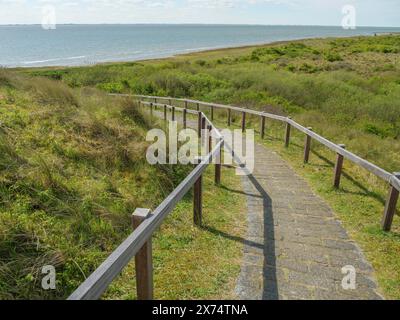 Schmaler bergab Pfad mit hölzernem Geländer, der zu einer Küste unter einem blauen Himmel mit Wolken, Dünen und Fußwegen auf dem Wattenmeer führt, Wolken am Himmel Stockfoto