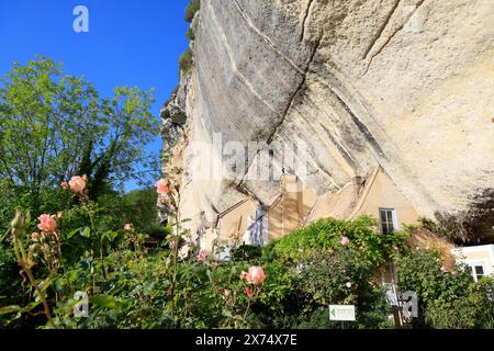 Die prähistorische Stätte Laugerie-Basse, ein Felsvorhang in der Gemeinde Les Eyzies in Dordogne, der Welthauptstadt der Vorgeschichte. Der Fluss Vézère fließt bei Stockfoto
