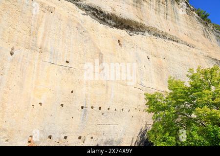 Die prähistorische Stätte Laugerie-Basse, ein Felsvorhang in der Gemeinde Les Eyzies in Dordogne, der Welthauptstadt der Vorgeschichte. Der Fluss Vézère fließt bei Stockfoto