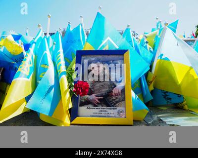 Kiew, Ukraine. Mai 2024. Ein Porträt eines ukrainischen Militärs mit einem Maschinengewehr in der Hand unter Fahnen mit den Namen der im Krieg getöteten. Die Inschrift auf Ukrainisch: „Afanasyev Ivan „Afonya“. Militäroperationen die Daten des Kriegers sind ebenfalls angegeben. Nach verschiedenen Schätzungen wird die Zahl der ukrainischen Soldaten, die während des Konflikts getötet wurden, auf 70 bis 120 Tausend Menschen geschätzt; die Gesamteinbußen könnten etwa 300 Tausend betragen. Präsident Wladimir Zelenski behauptet, dass die Zahl der toten ukrainischen Soldaten 31 Tausend beträgt. (Kreditbild: © Stockfoto