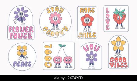 Groovige Blumenaufkleber, Bett mit Zitaten. Trendige Retro Happy Smiling Gesichtetiketten. Stock Vektor
