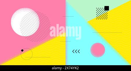 Abstraktes horizontales Banner im Retro-Stil im minimalistischen Sommer. Schweizer naive, brutale geometrische Sonne. Sommerliches Design mit bauhaus-Grafik. Modernes, trendiges, minimalistisches, saisonales asymmetrisches EPS-Kunstwerk Stock Vektor