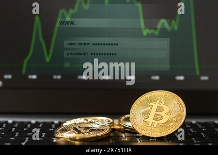 Hintergrund für Bitcoin-Goldmünzen und Handelskarten. Konzept der virtuellen Kryptowährung. Stockfoto