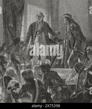 Französische Revolution. Paris. Am 20. Juni 1792 Griff die Menge den Tuilerien-Palast an, in dem König Ludwig XVI. (1754–1793) Zuflucht suchte. Der Mob zwang den Monarchen, auf dem Balkon zu erscheinen, zog eine Phrygianische Mütze an und trank für die Gesundheit der Menschen, was er zustimmte. Ludwig XVI. Trinkt für die Gesundheit der Nation. Zeichnung von Hippolyte de la Charlerie. Gravur von Jonnard. Details. "Geschichte der Französischen Revolution". Band I, 1876. Verfasser: Hippolyte de la Charlerie (1827-1869). Belgischer Künstler. Stockfoto