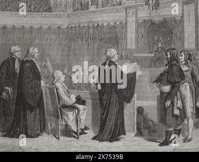 Französische Revolution. Urteil von König Ludwig XVI. Von Frankreich, Dezember 1792. Ludwig XVI. Erscheint vor den Abgeordneten des Nationalkonvents, der unter dem Namen Louis Capet entweiht wurde. Ludwig XVI. Vor seinen Richtern. Zeichnung von Hippolyte de la Charlerie. Stich von Meyer-Heine. "Geschichte der Französischen Revolution". Band I, 1876. Verfasser: Théodore Meyer-Heine (Fl. 1863-1881). Französischer Graveur. Hippolyte de la Charlerie (1827-1869). Belgischer Künstler. Stockfoto