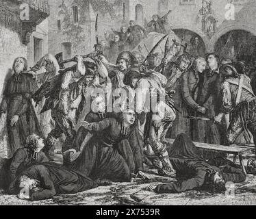 Französische Revolution. September-Massaker (2. Bis 6. September 1792). Die Revolutionäre führten Massenmorde unter der Gefängnisbevölkerung in ganz Frankreich, hauptsächlich in Paris, durch. Das Abschlachten von Klerikern. Zeichnung von Hippolyte de la Charlerie. Stich von Maurand. "Geschichte der Französischen Revolution". Band I, 1876. Autor: Charles Maurand (1824-1904). Französischer Graveur. Hippolyte de la Charlerie (1827-1869). Belgischer Künstler. Stockfoto