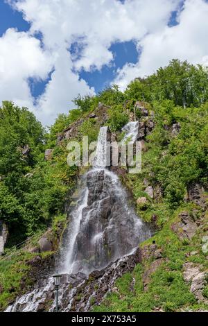 Ein malerischer Wasserfall stürzt einen Hügel hinunter zwischen üppigen Bäumen und schafft eine atemberaubende natürliche Landschaft mit Wasser, das im Sonnenlicht glitzert Stockfoto